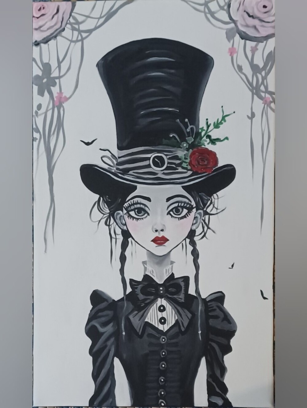 Original Acrylic Hand-Painted Gothic Girl Wall Art - Black and Red